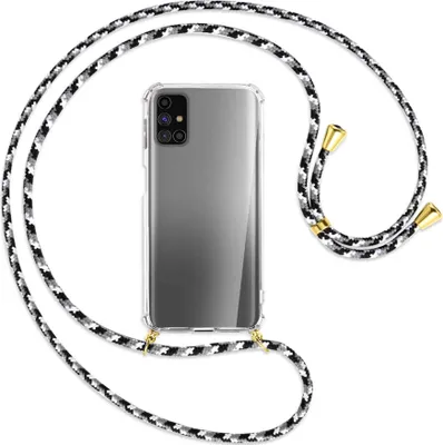 Produktbild von Handykette Backcover-Schutzhülle mit Band (Metall goldfarben) für Samsung Galaxy M31s - schwarz/grau/weiß