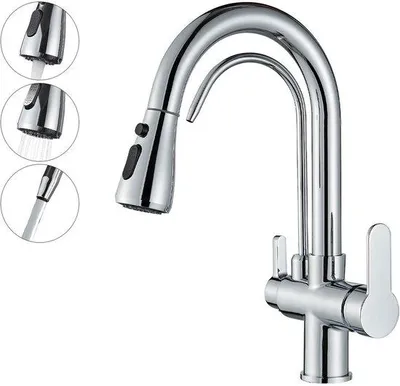 Produktbild von Unyqoos® Chrom-Küchenarmatur aus Messing, blei- & – ausziehbare Brause, 360° schwenkbar, 2 Strahlarten, einfache Montage, für Spültisch