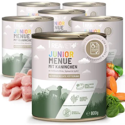 Produktbild von REAVET Hundenassfutter – Junior Menue mit Kaninchen an Süßkartoffeln Spinat & Apfel 6 x 800g mit hohem Fleischanteil & viel Muskelfleisch Getreidefrei