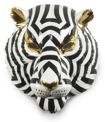 Image de Casa Padrino Luxe Porcelaine Décoration Masque Tigre Noir / Blanc / Or 30 x 23 x H. 38 cm - Décoration murale moderne faite main - Qualité supérieure -  Spain