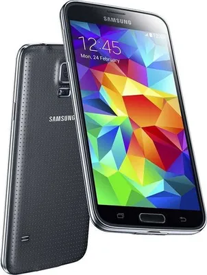 A black Samsung Galaxy S5 smartphone is shown from the front and back, with its screen displaying a colorful abstract wallpaper.