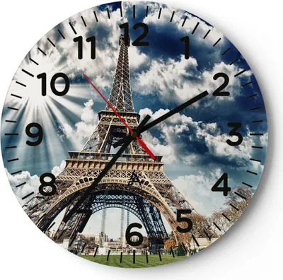 Produktbild von Wanduhr - Rund - Glasuhr - Architektur gebäude stadt eiffel - 30x30cm - Schleichendes Uhrwerk - Lautlos - zum Aufhängen bereit - Dekoration Modern - Wanddekoration aus Glas - C4AR30x30-2435