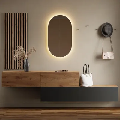 Produktbild von Flurgarderobe 2x 160 cm mit Wandpaneele und Spiegel mit LED-Beleuchtung gold eiche / anthrazit - gold eiche