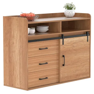 Image de HOMAVO HG1-S Sideboard 107 cm - Buffet de salon moderne avec 3 tiroirs, 1 porte coulissante & 2 compartiments ouverts, bois