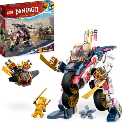 Produktbild von LEGO 71792 NINJAGO Soras transformierender Mech-Bike-Renner, 2in1 Set mit transformierender Mech-Actionfigur, Motorrad-Spielzeug Set mit 3 Minifiguren für Kinder, Jungen und Mädchen