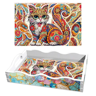 Produktbild von Diamond Painting Tablett – Katze │ Holztablett 30×20 cm  |  Weiß | DIY Bastelset | Kreativgeschenk für Erwachsene