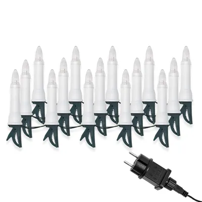 A string of LED candle lights and a power plug against a white background.