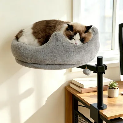 Image de Lit pour chat, bureau, lit suspendu, rotation à 360°, réglable en hauteur, gris clair