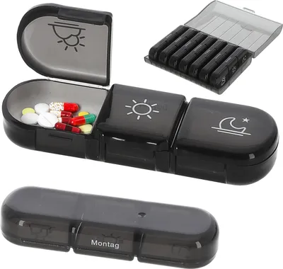 Produktbild von Pillenbox 7 Tage Kunststoff 12x4x16cm Beschriftung Wochentage Tageszeit Medikamentenbox Einzelfächer Pillendose Tablettendose