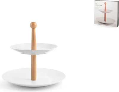 Produktbild von Zweistöckige Porzellan-Etagere mit Holzgriff, elfenbeinfarben