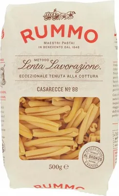 A bag of Rummo pasta, showing the product through a clear window.
