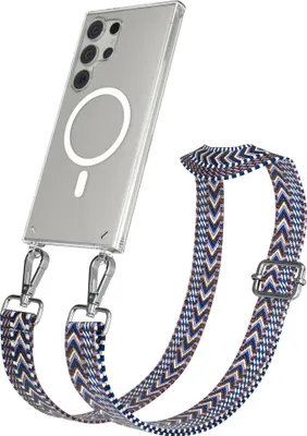 Produktbild von EAZY CASE - Handykette mit MagSafe Hülle für Samsung Galaxy S24 Ultra, Handyband ZigZag Style,Karabiner Silber, Umhängeband in Blau