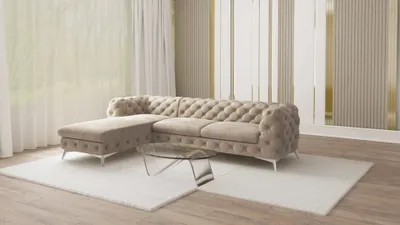 Produktbild von S-STYLE MÖBEL - Chesterfield Ecksofa Cleo mit Ottomane rechts und Silber Metall Füßen, aus Dunkle Creme Samtstoff, B/T/H: 305 cm/ 200 cm/ 75 cm