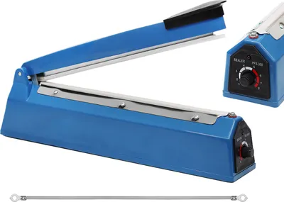 A blue impulse bag sealer machine with a close-up of its control panel.