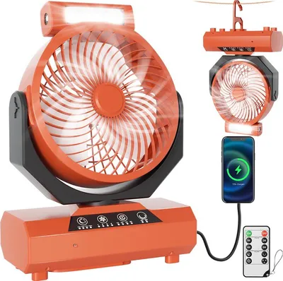 Obrázek produktu pro Aopunly stolní ventilátor, kempingový ventilátor, dobíjecí, 20000mAh baterie, 4 rychlosti, s dálkovým ovládáním, LED světlem a hákem, pro venkovní použití, stan, oranžový