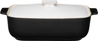 A black casserole dish with a white lid, shown from the front.