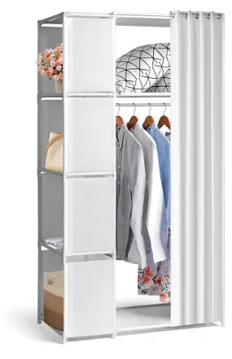 Produktbild von Offener Kleiderschrank mit Vorhang, freistehender Kleiderständer mit 5 Fächern, Kleiderstangen, Stoffablagen und Metallrahmen, 88 x 44 x 162 cm (Weiß)