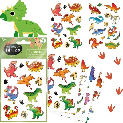 Zdjęcie produktu dla Zestaw Tymczasowych Tatuaży "Dinozaury" 4 Arkusze Z Kolorowymi Tatuażami