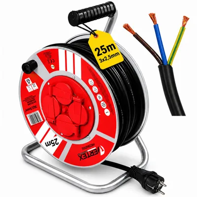 Image de Enrouleur de câble avec mise à la terre, 25 mètres, SCHUKO, 4 prises avec protection, pour garage, jardin, chantier, fusible thermique, IP44, VERTEX
