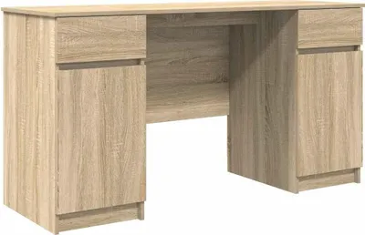 A light brown wooden desk with drawers and cabinets, shown from the front against a white background.