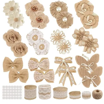 Produktbild von Omgoods – Set mit 30 Jutblumen und Bändern für DIY-Dekoration und Bastelarbeiten