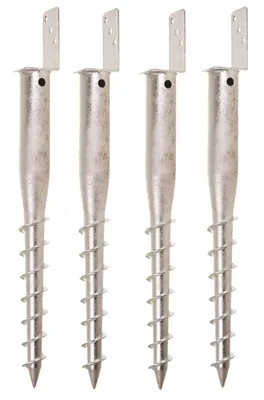 Four metal screw-in ground anchors with L-shaped mounting plates are arranged in a row against a white background.