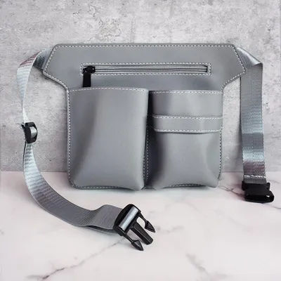Produktbild von Friseur-Werkzeugtasche aus Leder, Scherentasche und Bauchtasche mit Gürtel zur Aufbewahrung von Scheren, Kämmen und weiteren Friseurwerkzeugen (Grau)