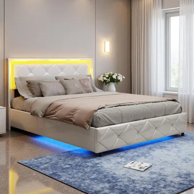 Produktbild von Doppelbett 140 x 200 cm in weißem Kunstleder mit Kristallsteppung, hydraulischem Staufach, Ladeanschlüssen und LED-Stimmungsbeleuchtung