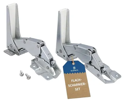 Two metal hinges with white plastic inserts and a product tag are shown against a white background.