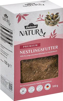 Produktbild von Dehner Natura Premium Wildvogelfutter, Nestlingsfutter, Ganzjahresfutter zur Aufzucht proteinreich, hochwertiges Vogelfutter für elternlose Wildvögel, 100 g