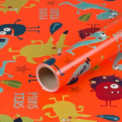 Produktbild von Geschenkpapier Lustige Monster, Orange, 0,70 x 10 m - Geburtstagspapier für Kinder
