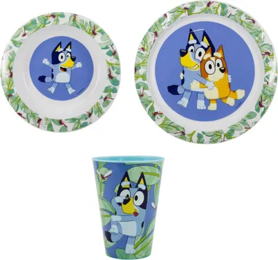 Produktbild von Bluey und Bingo Kinder Geschirr-Set 3 teilig Becher 430 ml Teller Schüssel