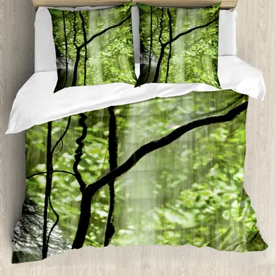 Produktbild von ABAKUHAUS Regenwald Bettbezug Set, Dschungel Ansicht Wasserfall Felsen Bäumen Natürliche Schönheit wilde Atmosphäre, 155 x 220 cm + 80 x 80 cm, Grün Braun