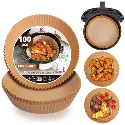 Productafbeelding van KitchenBoss 100 stuks bakpapier voor heteluchtfriteuses: ronde vorm, geschikt voor het bakken in heteluchtfriteuses