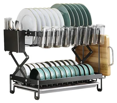 Zdjęcie produktu dla Organizator do szafki kuchennej - Wysuwana półka pod zlewem - 2-poziomowa - Kosz wysuwany - Metal - Półka