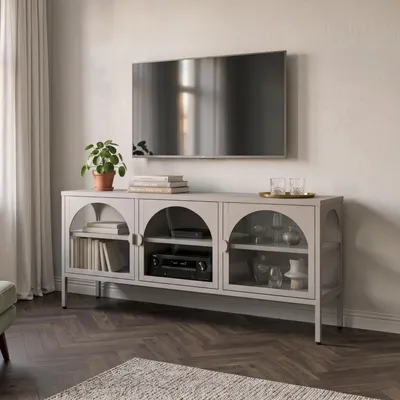 Imagen del producto de Mueble aparador con vitrina 'Klippestad', con 3 puertas de acero, dimensiones 118 x 35 x 55 cm, color gris cálido