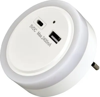 Zdjęcie produktu dla Lampka nocna LED z gniazdami ładowania USB-C / -A i funkcją automatycznego zmierzchu Biały