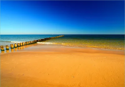Produktbild von Wallario Fototapete Vliestapete, seidenmatte Oberfläche, einfache Verarbeitung, Größe 350 x 245 cm, Motiv Sandstrand in orange - Blaues Meer - Blauer Himmel
