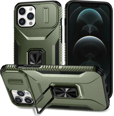 Image de Coque de protection militaire double couche pour iPhone 11 Pro avec protection coulissante de l'appareil photo et anneau / support vert