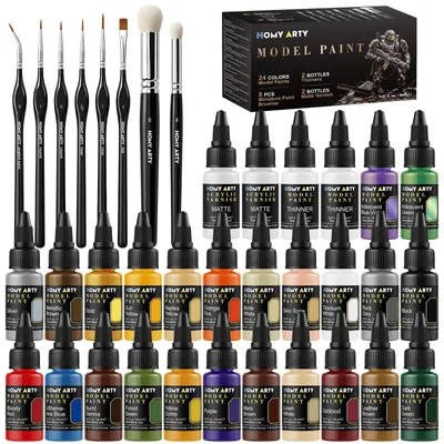 Modellbausatz-Farben-Set, 24 Farben, 2 Verdünner, 2 Mattlacke, 20 ml, 8 Pinsel