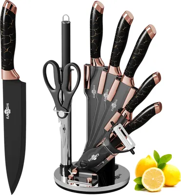 Produktbild von KAZUSHI 9-tlg Messerset mit Drehbare Messerblock, Profi Scharfe Messer Set mit Block, Edelstahl Küchenmesser - Schwarz (KA-KN83)
