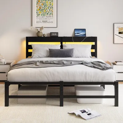 Produktbild von Zerbaco Polsterbett 140x200 cm, mit LED-Beleuchtung und USB-Ladestation, Metallbett, Stauraum unter dem Bett, Schwarz