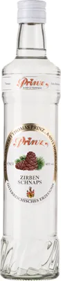 A clear studio shot of a bottle of Prinz Zirbenschnaps.