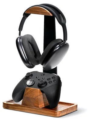 Produktbild von Walnuss Kopfhörerständer mit Gamecontrollerhalter - Desktop Gaming Zubehör