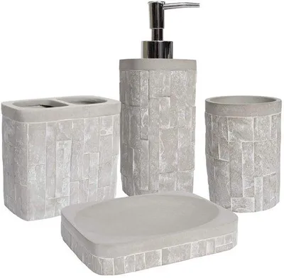 Produktbild von Unyqoos® 4-teiliges Bad-Accessoire-Set aus Beton & Polyharz – Lotionpumpe, Seifenablage, Zahnbürstenhalter & Becher, modernes elegantes Design