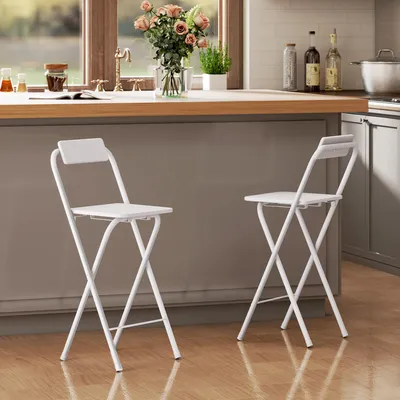 Produktbild von Barhocker 2er-Set Weiß klappbar mit Rückenlehne, Küchenhocker Tresenhocker MDF Stahlgestell Fußstütze | 45 x 37 x 87 cm | 8 kg | platzsparend
