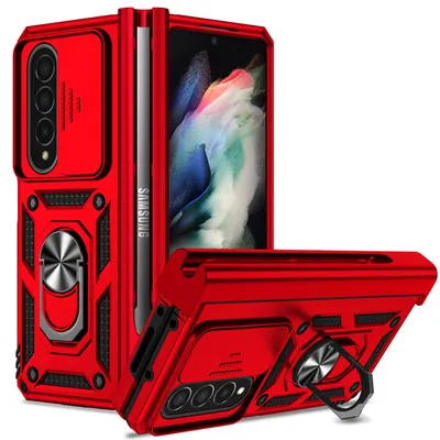 Immagine prodotto di Custodia per Samsung Galaxy Z Fold 4 5G a doppio strato con copertura scorrevole della fotocamera e supporto ad anello rosso