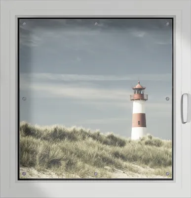 Produktbild von Wallario Lichtschutzbild, Dekorativer Sichtschutz Sonnenschutz 96 x 100 cm mit Motiv: Leuchtturm auf der Düne am Strand - Verdunklung ohne Bohren