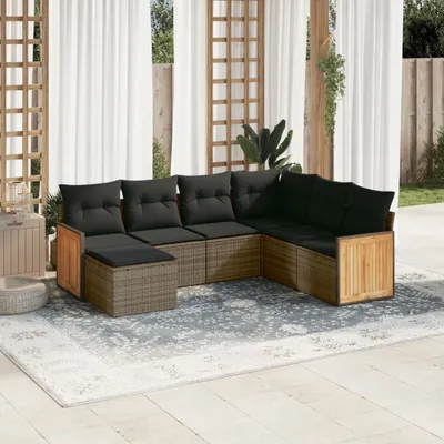 Produktbild von Design 7-tlg. Garten-Sofagarnitur mit Kissen Grau Poly Rattan, Gartenmöbel-Sets 2024 Neu
