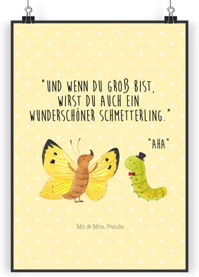 Produktbild von Mr. & Mrs. Panda Bild Raupe Schmetterling DIN A3 - Gelb Pastell - Geschenk, Hut, Zitronenfalter, Entwicklung, wanddeko, drucke, Lustige Sprüche, Kokon, Wandbild